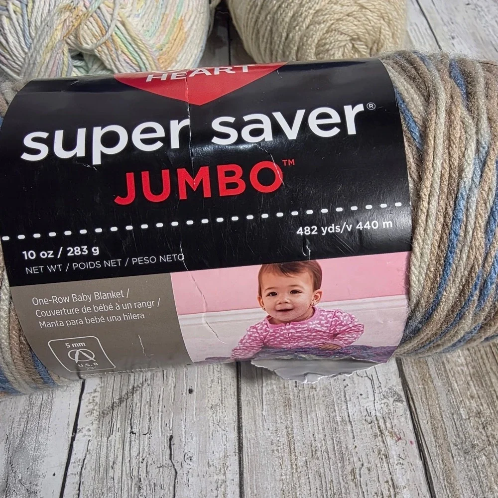 Red Heart Super Saver Yarn 4 Skeins Royal Blue Mirage Jumbo Cream Pastel Multi
